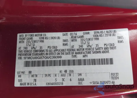 2016 Ford Escape Se from USA, damaged, VIN 1FMCU0GX7GUC39399